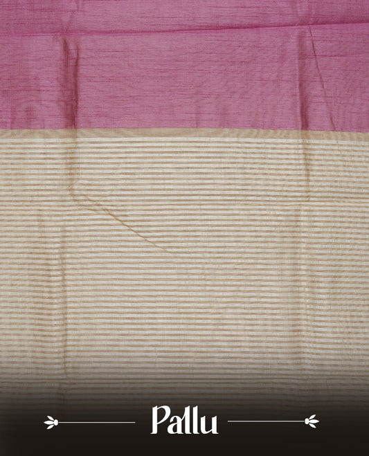 Purple colour Semi Tussar silk saree featuring an elegant plain body, accentuated by a contrast cream border adorned with intricate gold zari work, paired with a matching blouse piece.