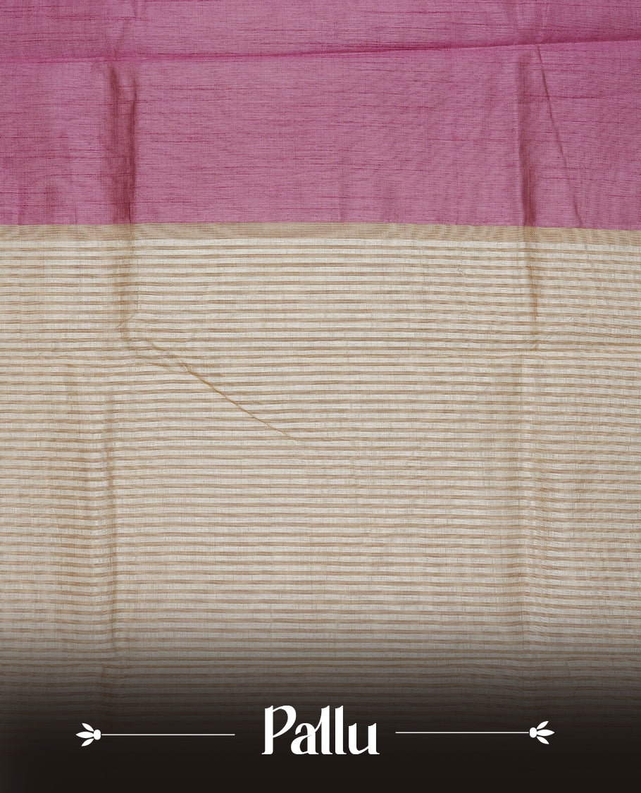 Purple colour Semi Tussar silk saree featuring an elegant plain body, accentuated by a contrast cream border adorned with intricate gold zari work, paired with a matching blouse piece.
