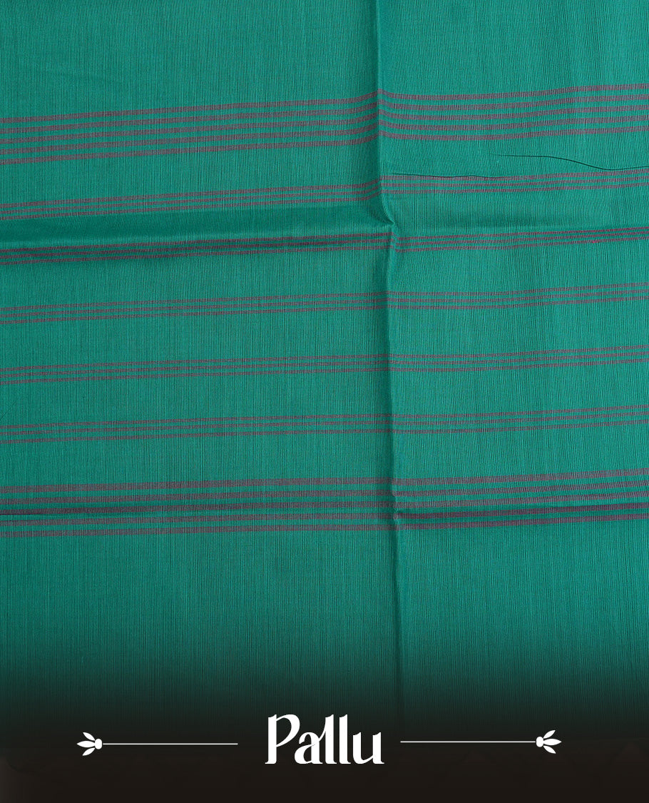 Teal Green colour chettinad cotton saree featuring  Plain body, complemented by Contrast Blue Colour With Traditional Gold Zari border, paired with matching blouse piece.