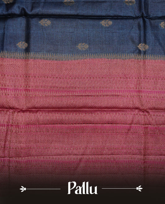 Blue colour Pure Banaras Tussar silk saree Featuring Gold zari buttas on body, complemented by Contrast Magenta colour with zari border, paired with matching blouse piece.