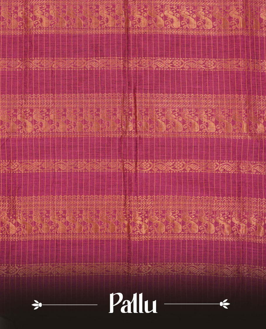 Black colour Kalyani cotton saree featuring Gold zari check pattern on body, complemented by Contrast Purple colour with grand gold zari border & pallu, matching blouse piece