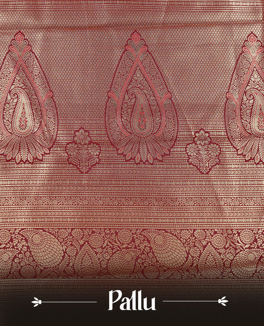 Chocolate colour semi wedding silk saree featuring Gold zari pattern on body, complemented Silver Elephant motifs & gold zari border, paired with matching blouse piece.
