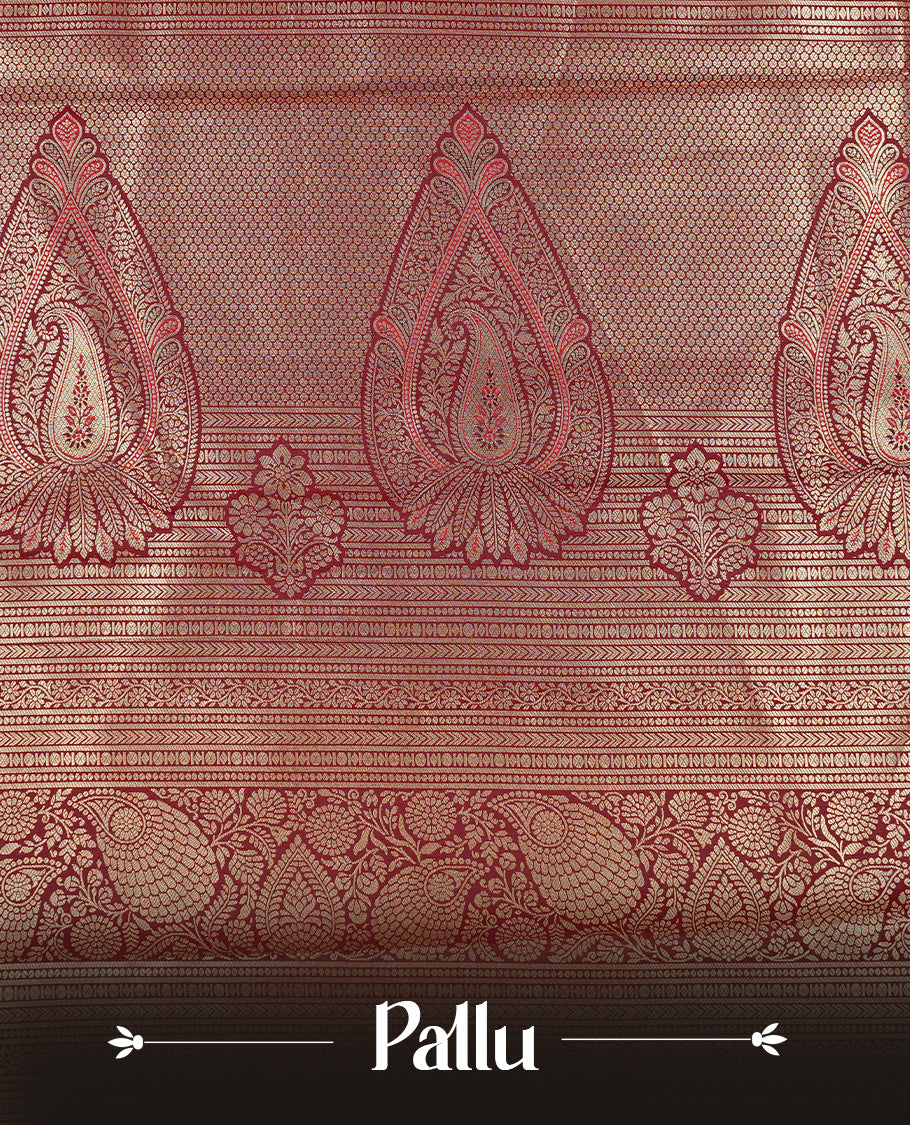 Chocolate colour semi wedding silk saree featuring Gold zari pattern on body, complemented Silver Elephant motifs & gold zari border, paired with matching blouse piece.