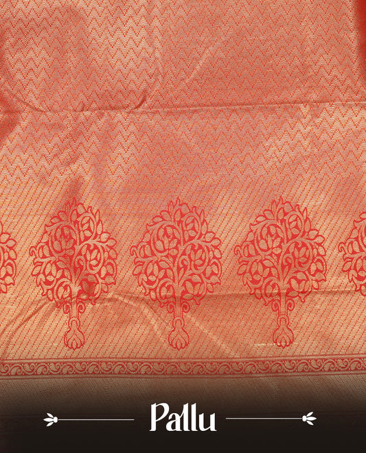 Dark Green colour semi Wedding silk saree featuring Gold zari motifs on body, enhanced with Contrast Red colour with traditional border, paired with matching blouse piece.