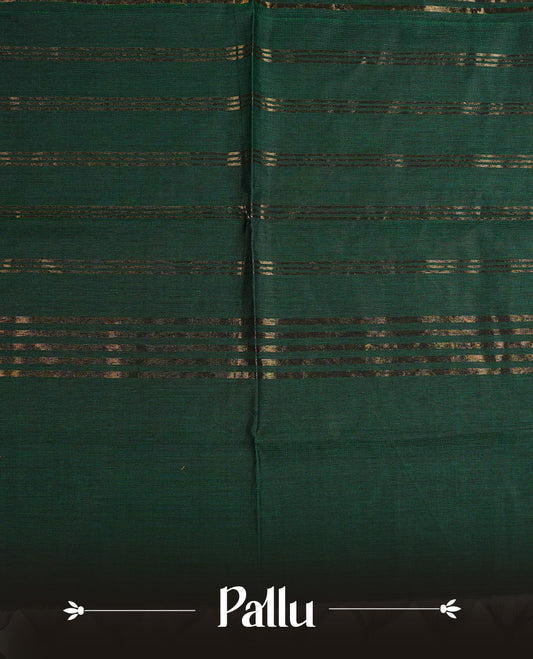 Green colour Chettinad cotton saree featuring Elegant plain body, Complemented by contrast Brown with gold zari border, paired with matching blouse piece.