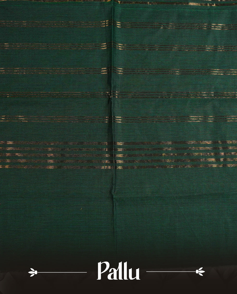 Green colour Chettinad cotton saree featuring Elegant plain body, Complemented by contrast Brown with gold zari border, paired with matching blouse piece.
