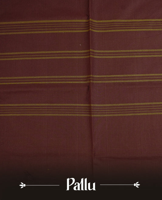 Dark chocolate Colour chettinad cotton saree featuring Elegant plain body, complemented by self colour with Gold zari border, paired with matching blouse piece.