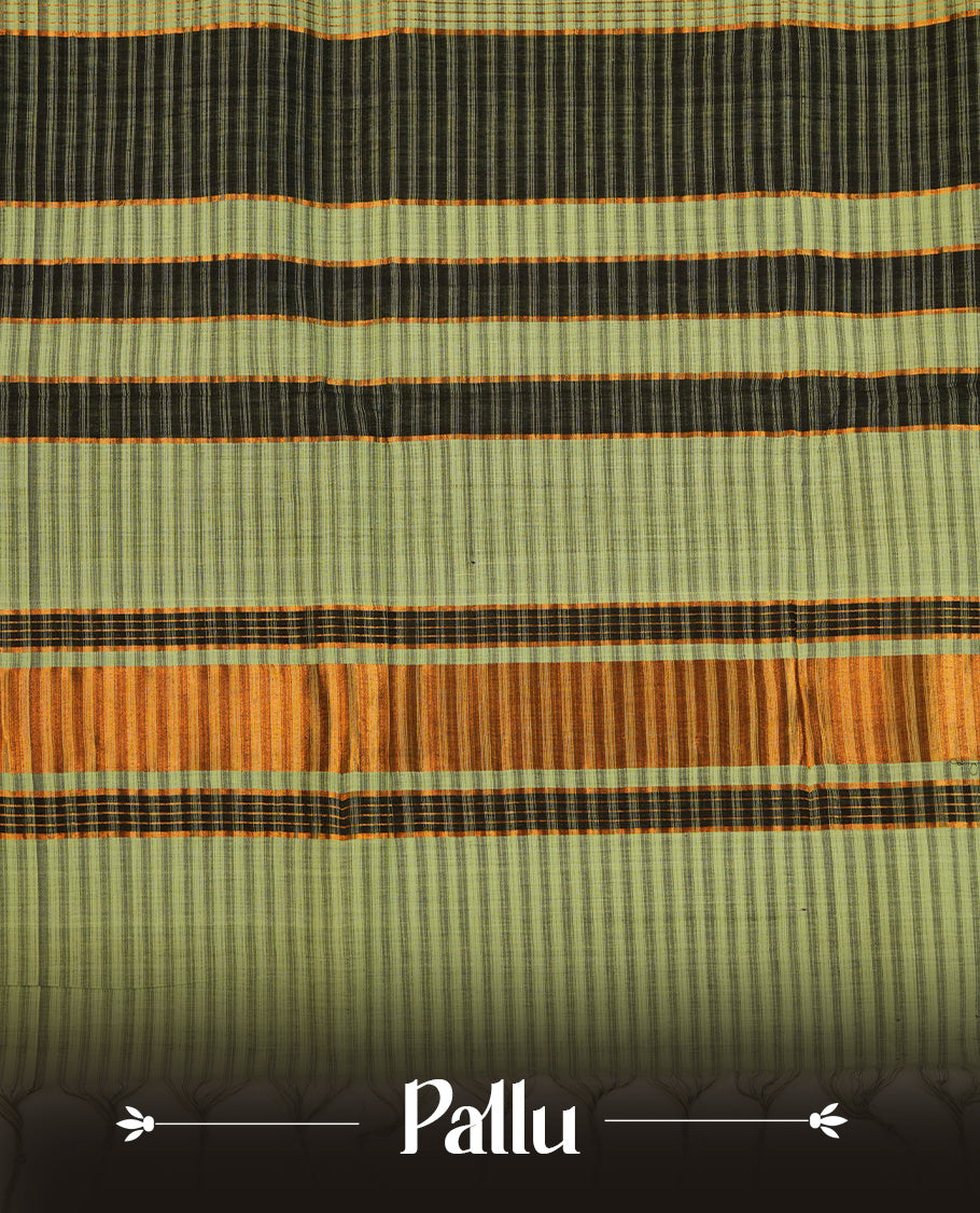 Black and pale green Mangalagiri cotton saree with a classic checked body, contrast striped pallu & Gold zari border. Comes with a matching blouse piece.