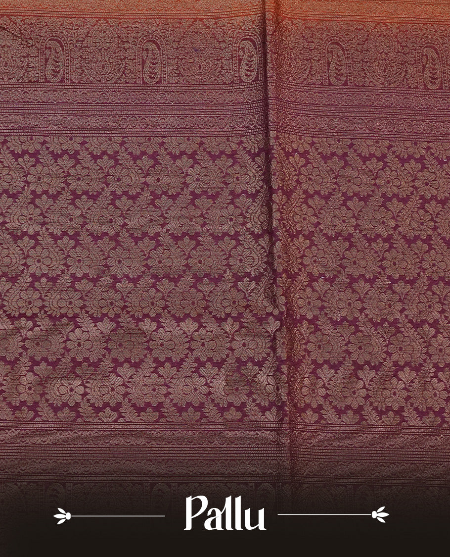 Rust orange colour semi linen saree with elegant gold zari leaf motifs across the body, complemented by a rich wine purple contrast pallu with intricate gold zari  works and a borderless design, paired with a matching blouse piece.