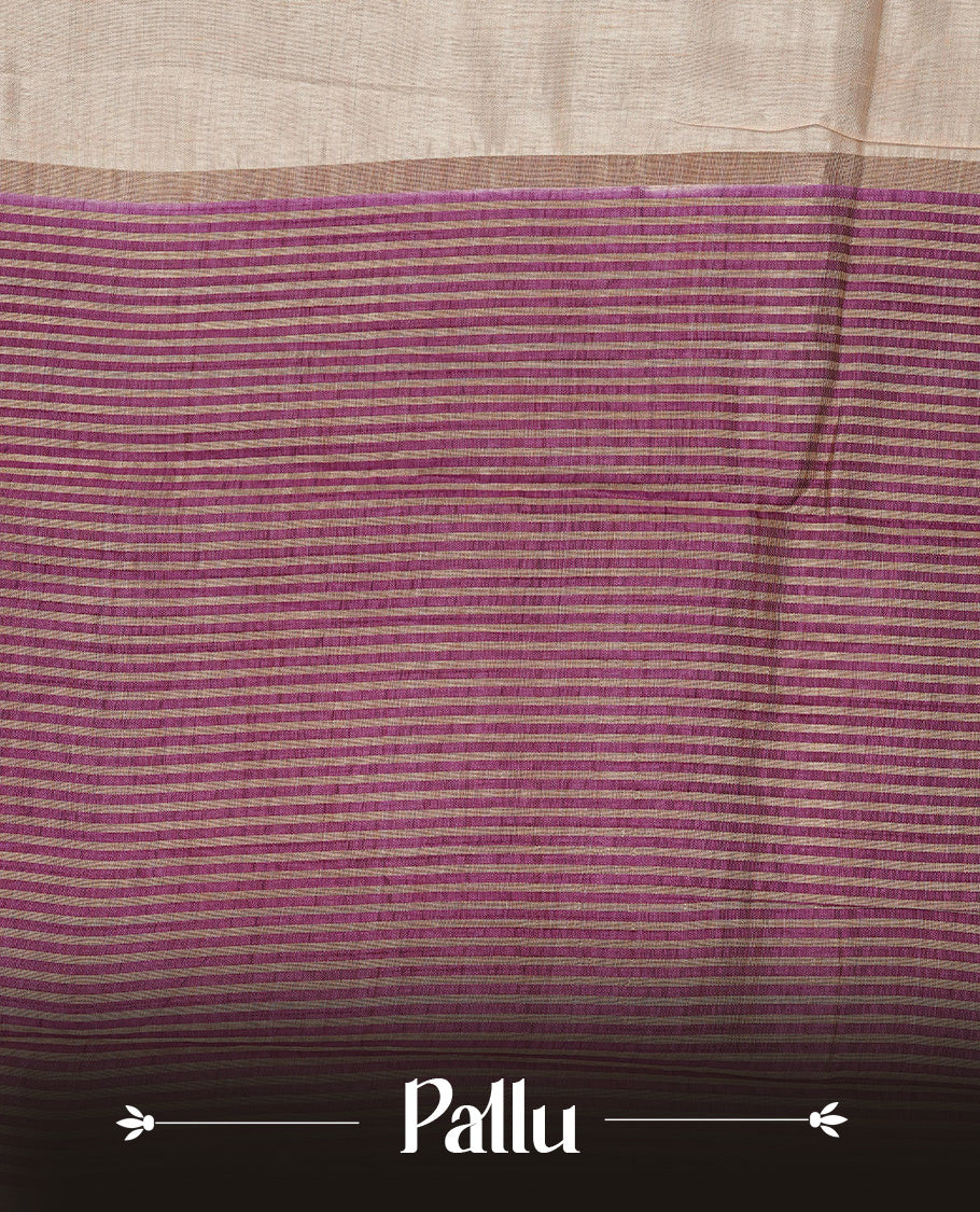 Light gold Colour Tussar saree featuring elegant plain body, complemented by contrast Purple colour with zari work border, comes with matching blouse piece.