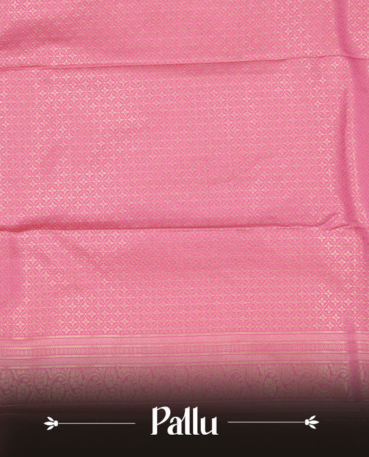 Pink Semi Wedding Silk Saree featuring Gold Zari Check with Motifs On body, Complemented with traditional zari with Self colour border, paired with matching blouse piece.