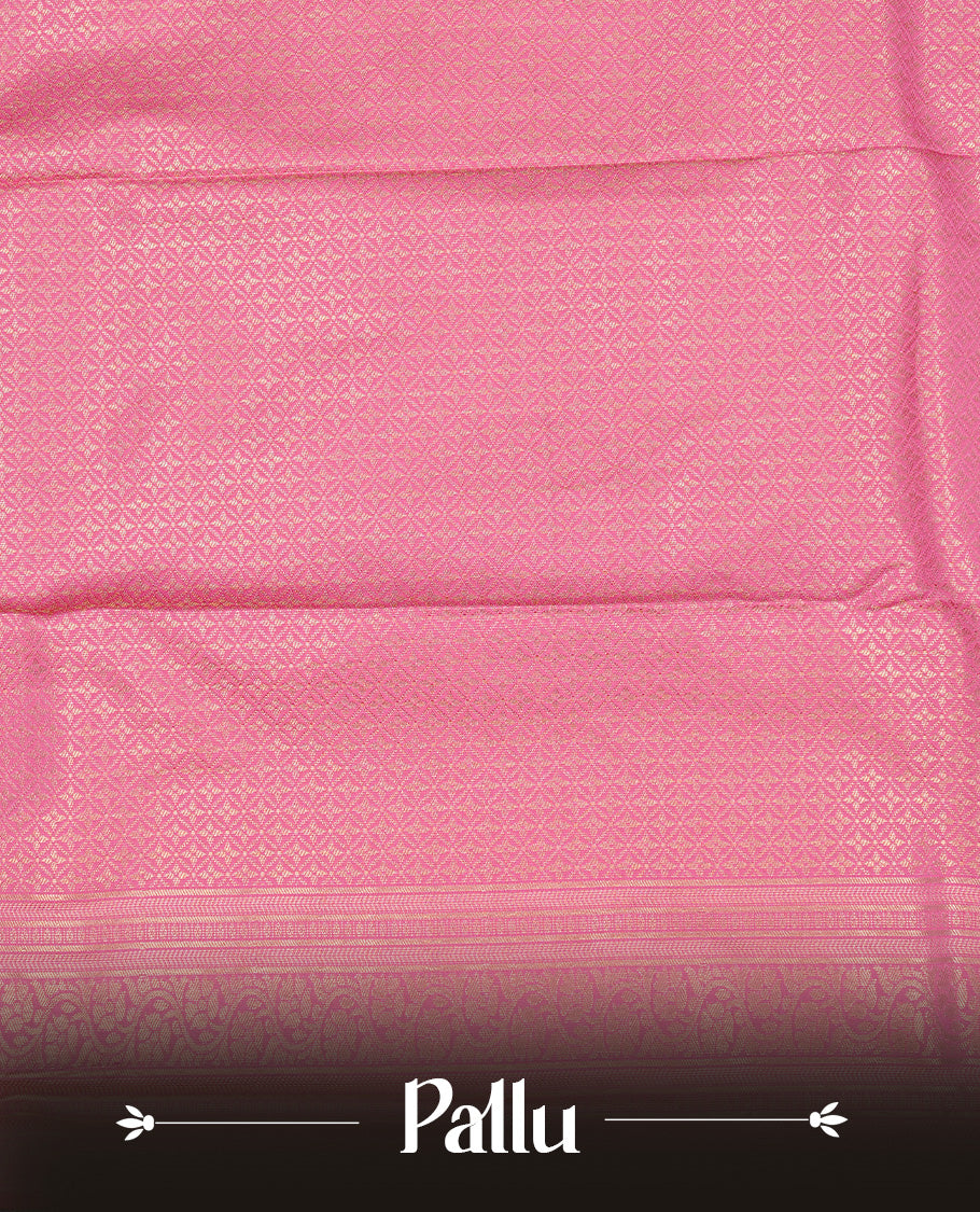 Pink Semi Wedding Silk Saree featuring Gold Zari Check with Motifs On body, Complemented with traditional zari with Self colour border, paired with matching blouse piece.