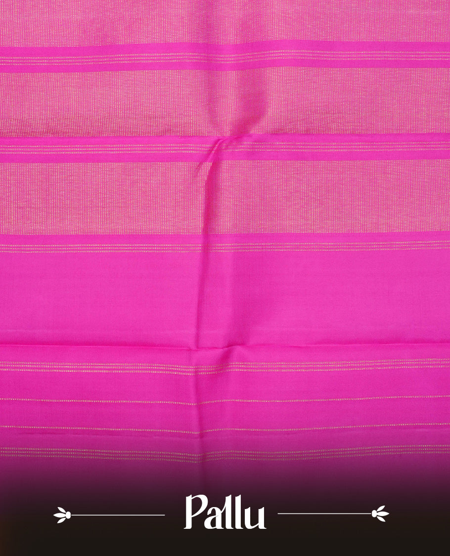 Orange colour traditional kancheepuram silk saree featuring Plain body, complemented by Magenta & Olive Double colour border, comes with matching blouse piece