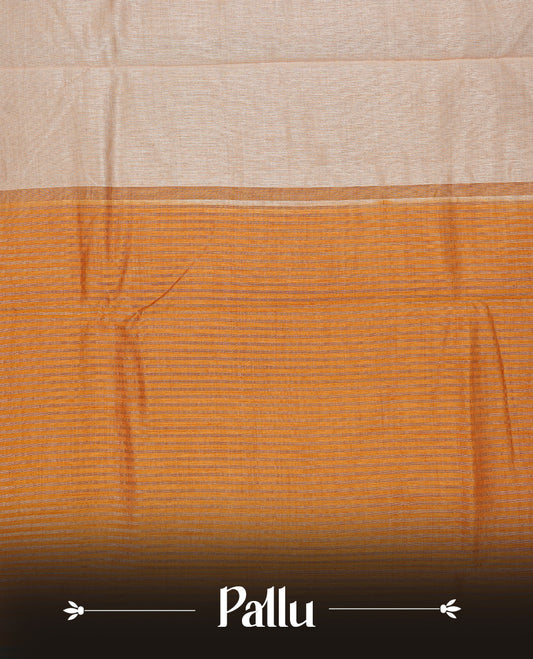 Cream colour Semi Tussar silk saree featuring an elegant plain body, accentuated by a contrast Mustard border adorned with intricate gold  zari work, paired with a matching blouse piece.