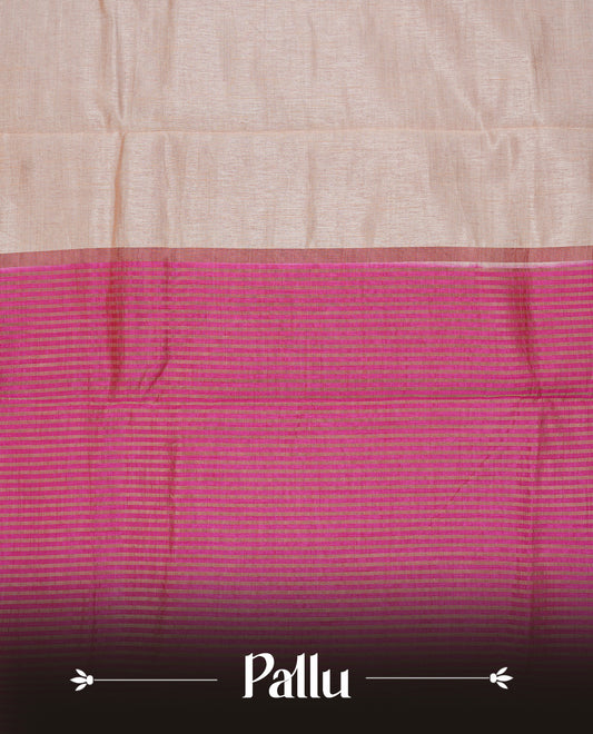 Cream colour Semi Tussar silk saree featuring an elegant plain body, accentuated by a contrast Pink border adorned with intricate gold  zari work, paired with a matching blouse piece.