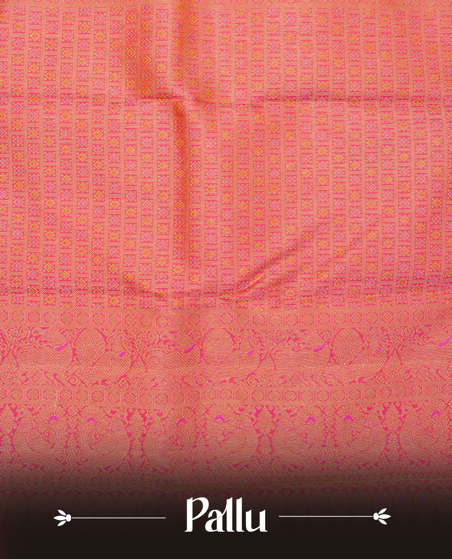 Orange colour pure wedding silk saree featuring gold zari Designed with magenta box pattern on body,complemented by self colour with traditional border, comes with matching blouse piece.