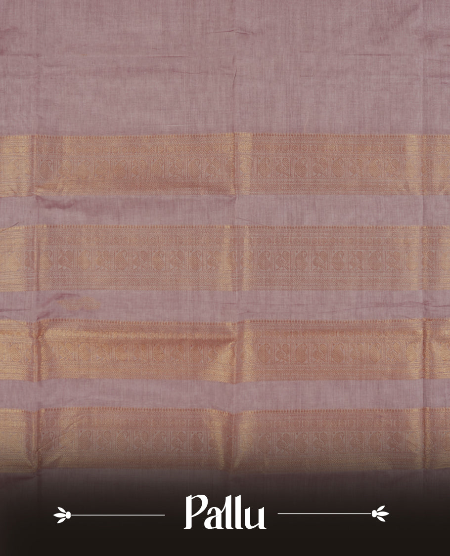 Pastel purple colour Chettinad cotton saree featuring small motifs on the body, highlighted with a rich brown and maroon zari woven border and intricate pallu design & Comes with a matching blouse piece.