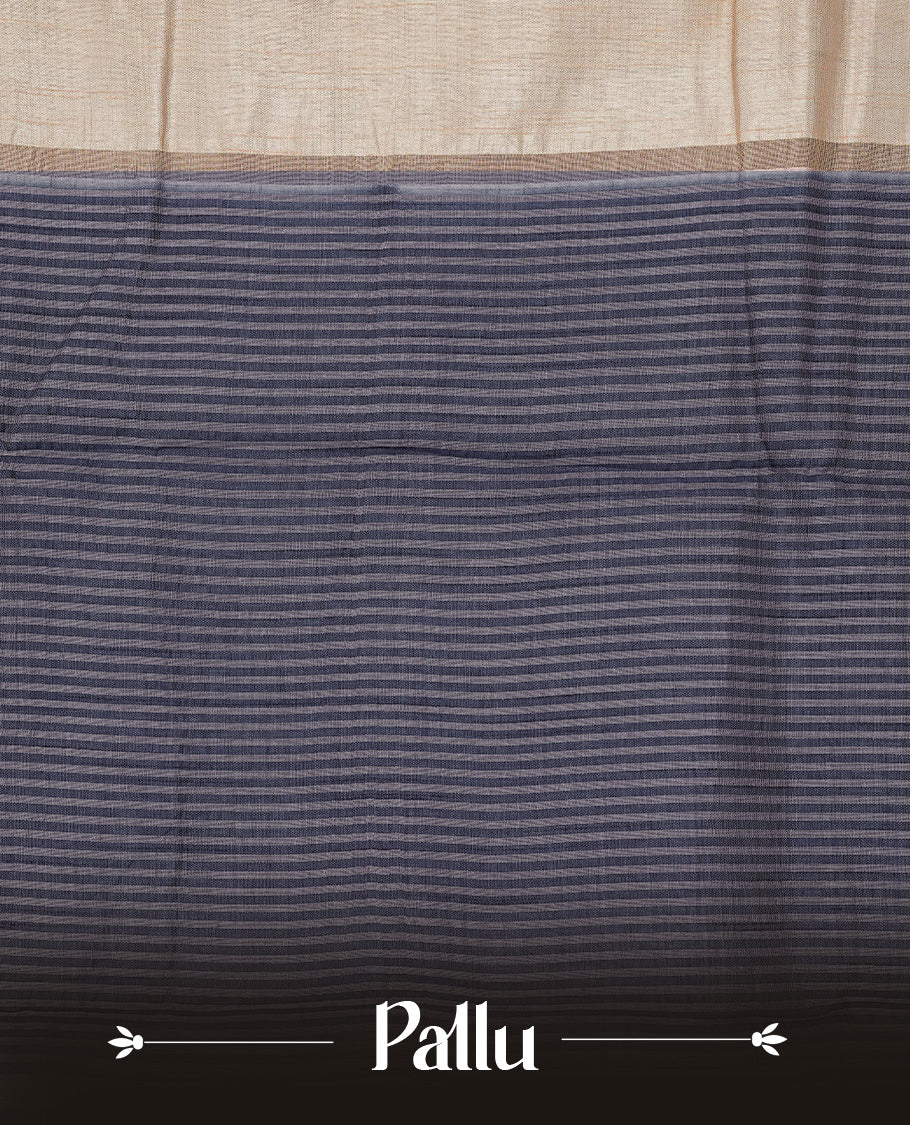 Light gold Colour Tussar saree featuring elegant plain body, complemented by contrast Navyblue colour with zari work border, comes with matching blouse piece.