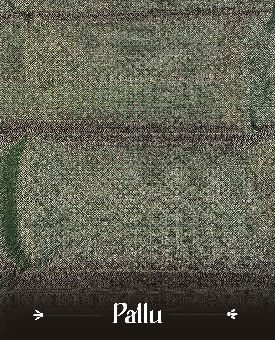Dark Green  Colour Pure Kancheepuram Silk Saree Featuring Silver  Zari  Floral Kodi  Pattern on the Body, Highlighting a Traditional Silver  Zari Border, Paired with a Matching Blouse Piece.