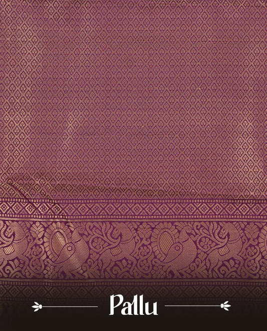 Olive colour Traditional Kancheepuram silk saree featuring gold zari motifs on body, enhanced with contrast Purple with multicolour & traditional border, paired with matching blouse piece.
