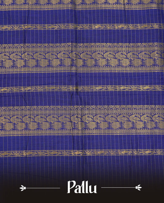 Yellow colour Kalyani cotton saree featuring Gold zari check pattern on body, complemented by Contrast Blue colour with grand gold zari border & pallu, matching blouse piece