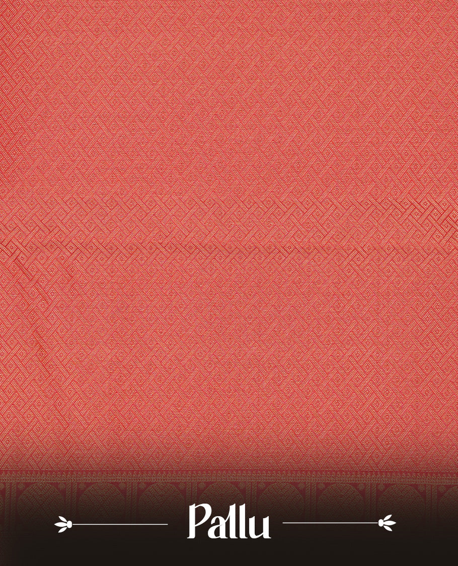 Peacock colour Traditional Kancheepuram silk saree featuring gold zari motifs on body, enhanced with contrast Red with traditional with green piping border, paired with matching blouse piece.