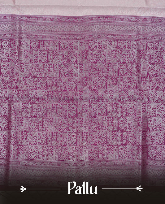 Baby pink colour semi silk saree featuring Silver zari Design pattern on body, complemented by contrast Purple colour with silver zari border, comes with matching blouse piece