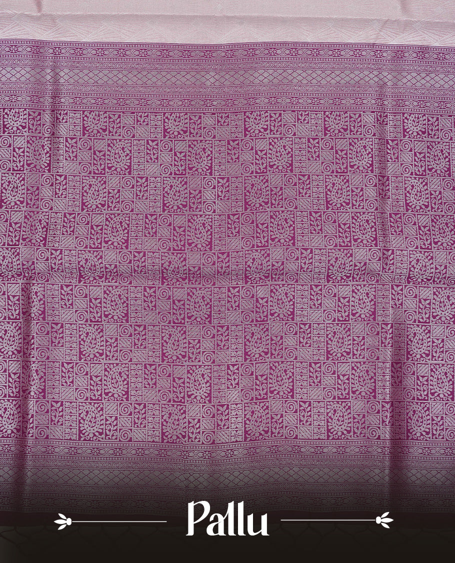 Baby pink colour semi silk saree featuring Silver zari Design pattern on body, complemented by contrast Purple colour with silver zari border, comes with matching blouse piece