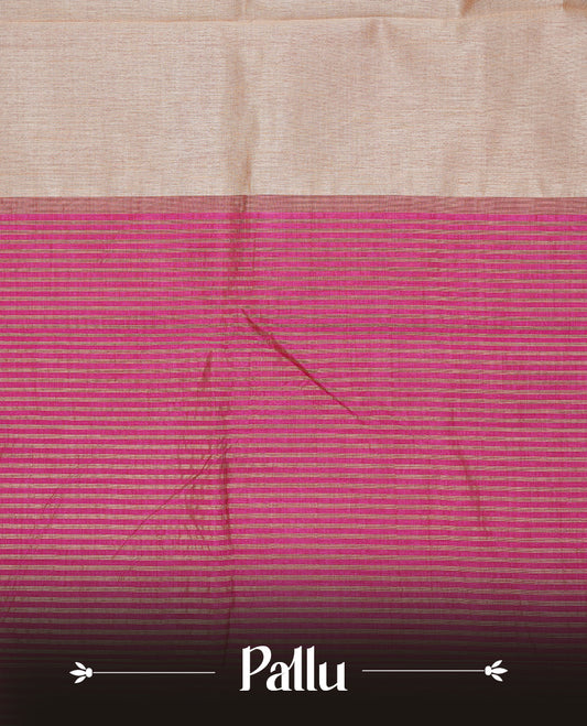 Cream colour Semi Tussar silk saree featuring an elegant plain body, accentuated by a contrast Dark pink border adorned with intricate gold zari work, paired with a matching blouse piece.