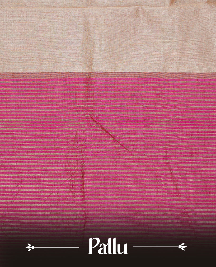 Cream colour Semi Tussar silk saree featuring an elegant plain body, accentuated by a contrast Dark pink border adorned with intricate gold zari work, paired with a matching blouse piece.