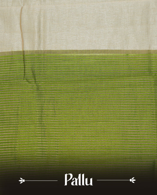 Cream colour Semi Tussar silk saree featuring an elegant plain body, accentuated by a contrast green border adorned with intricate gold  zari work, paired with a matching blouse piece.