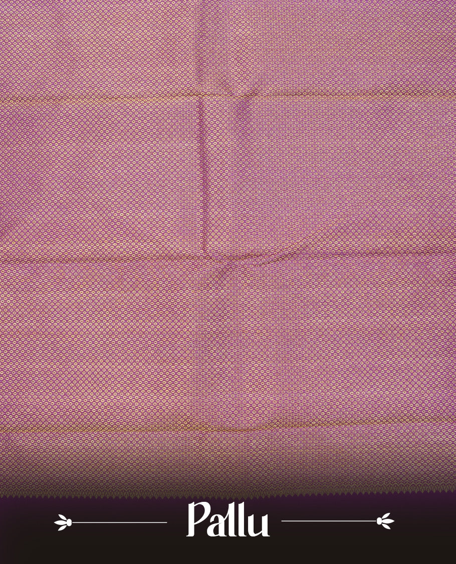 Pink colour Traditional Kancheepuram silk saree featuring Gold & silver zari leaf pattern on body, Contrast purple colour with gold zari border, comes with matching blouse piece.