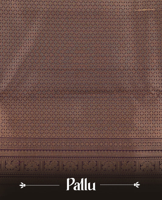 Mauve colour Traditional Kancheepuram silk saree featuring gold zari motifs on body, enhanced with contrast Purple with traditional border, paired with matching blouse piece.