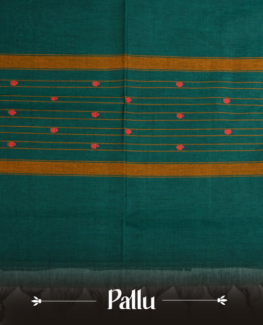 Teal green colour chettinad cotton saree featuring Elegant plain body, contrast Red Temple & Faded Red With Gold zari border, paired with matching blouse piece.
