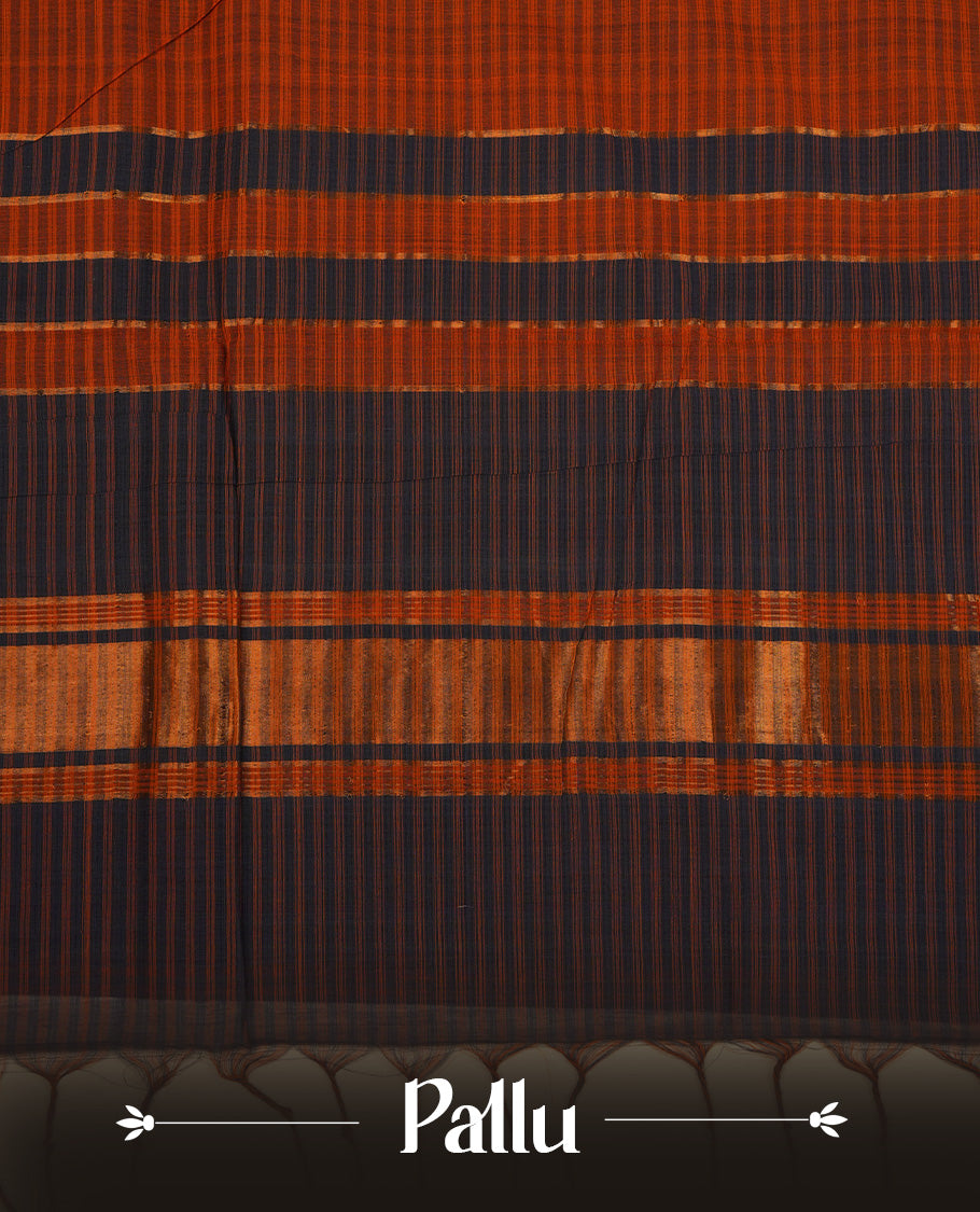 Light Brown  Colour Mangalagiri cotton saree featuring elegant Blue Checks  Across The Body , a Two Inch Gold  zari border & Gold Zari Pallu, Paired With a matching blouse piece.