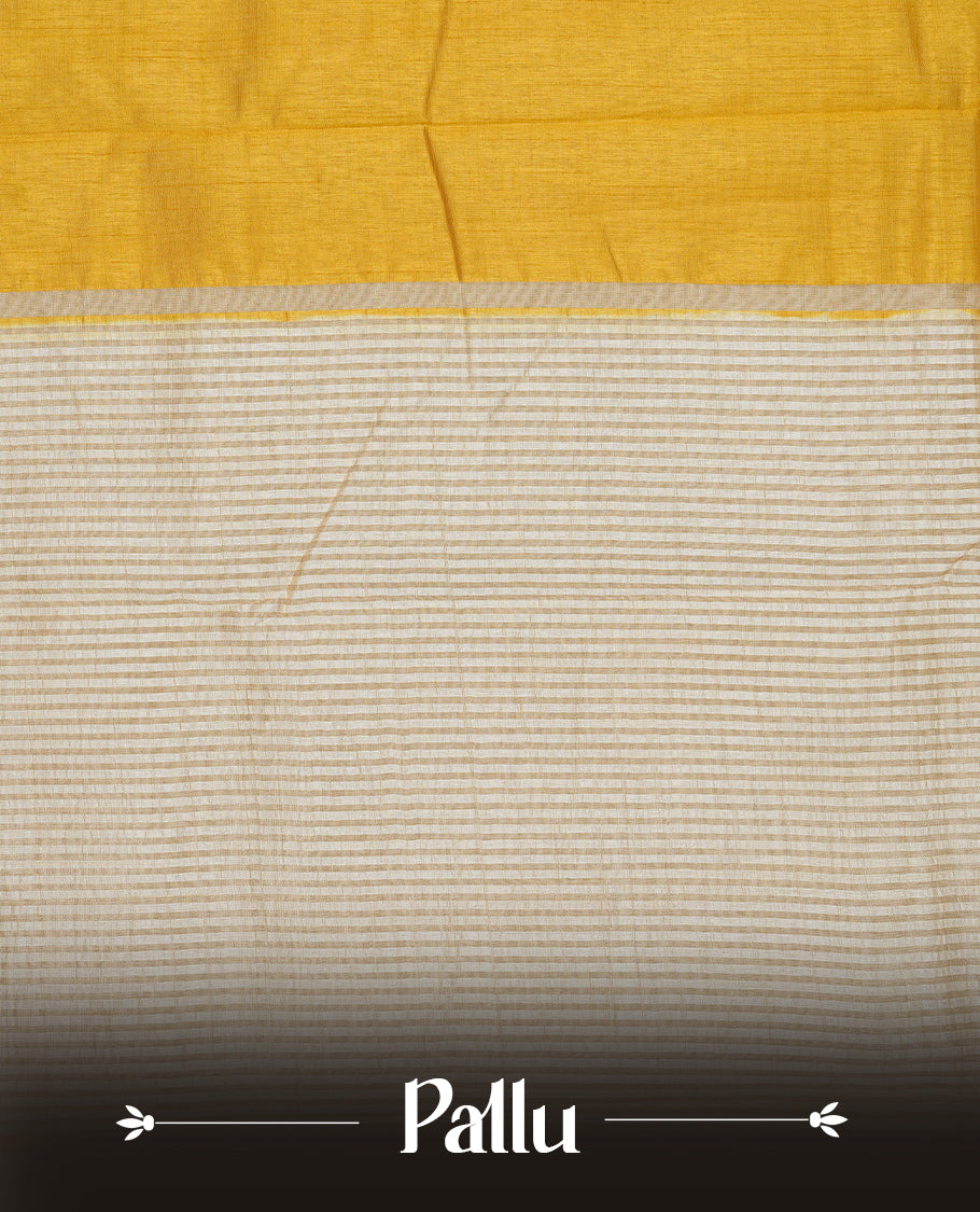 Mustard colour Semi Tussar silk saree featuring an elegant plain body, accentuated by a contrast cream border adorned with intricate gold zari work, paired with a matching blouse piece.