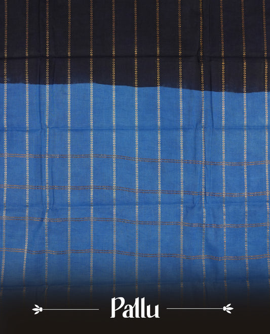 Navy blue colour Chettinad cotton saree featuring golden stripes on the body, The saree is enhanced with a contrasting blue border adorned with intricate golden paisley motifs & Comes with a matching blouse piece.