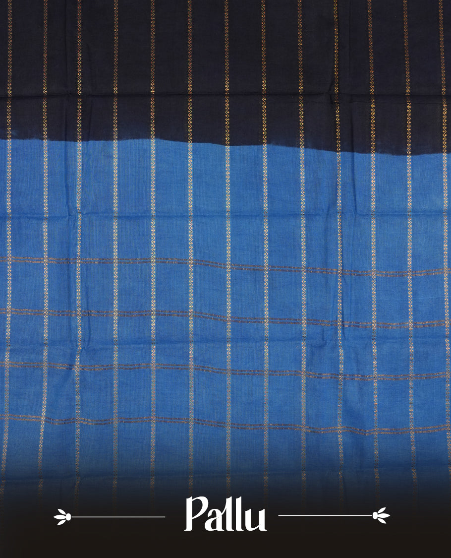 Navy blue colour Chettinad cotton saree featuring golden stripes on the body, The saree is enhanced with a contrasting blue border adorned with intricate golden paisley motifs & Comes with a matching blouse piece.