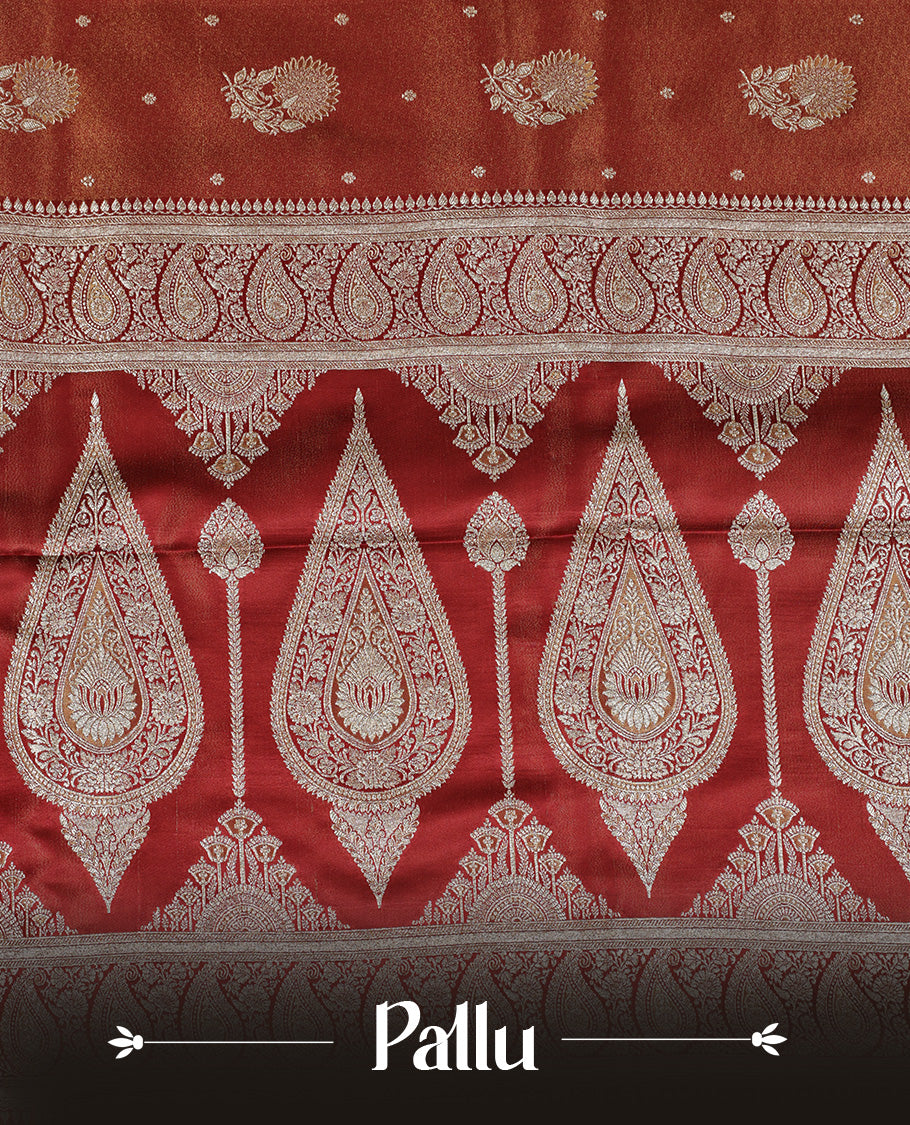 Red colour Mulberry silk saree featuring Gold zari small buttas & floral motifs  on body, complemented by self colour with Gold zari border, comes with matching blouse piece.