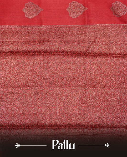 Red Colour Pure Banaras Soft Silk saree featuring Antique Zari buttas in body, complemented by zari work on self colour border, paired with matching Blouse Piece.
