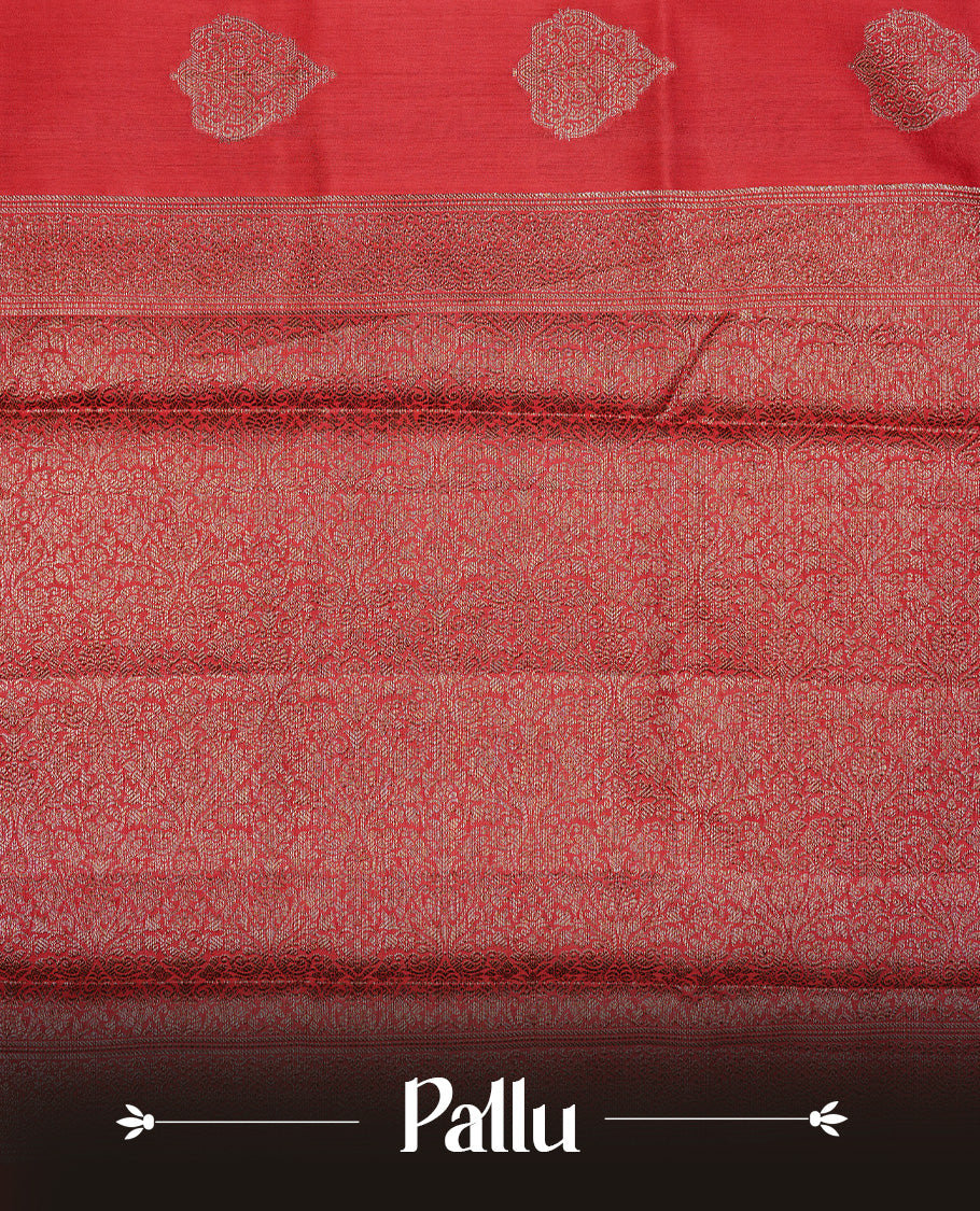 Red Colour Pure Banaras Soft Silk saree featuring Antique Zari buttas in body, complemented by zari work on self colour border, paired with matching Blouse Piece.