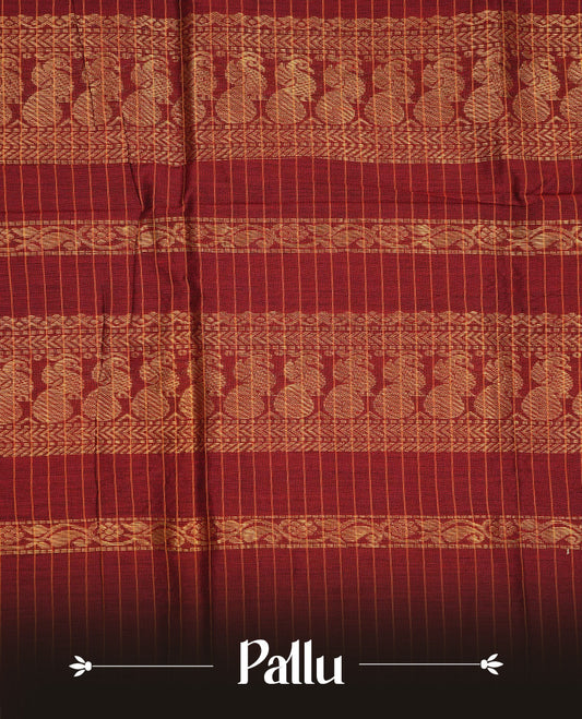 Orange colour Kalyani cotton saree featuring Gold zari check pattern on body, complemented by Contrast Dark Brown colour with grand gold zari border & pallu, matching blouse piece