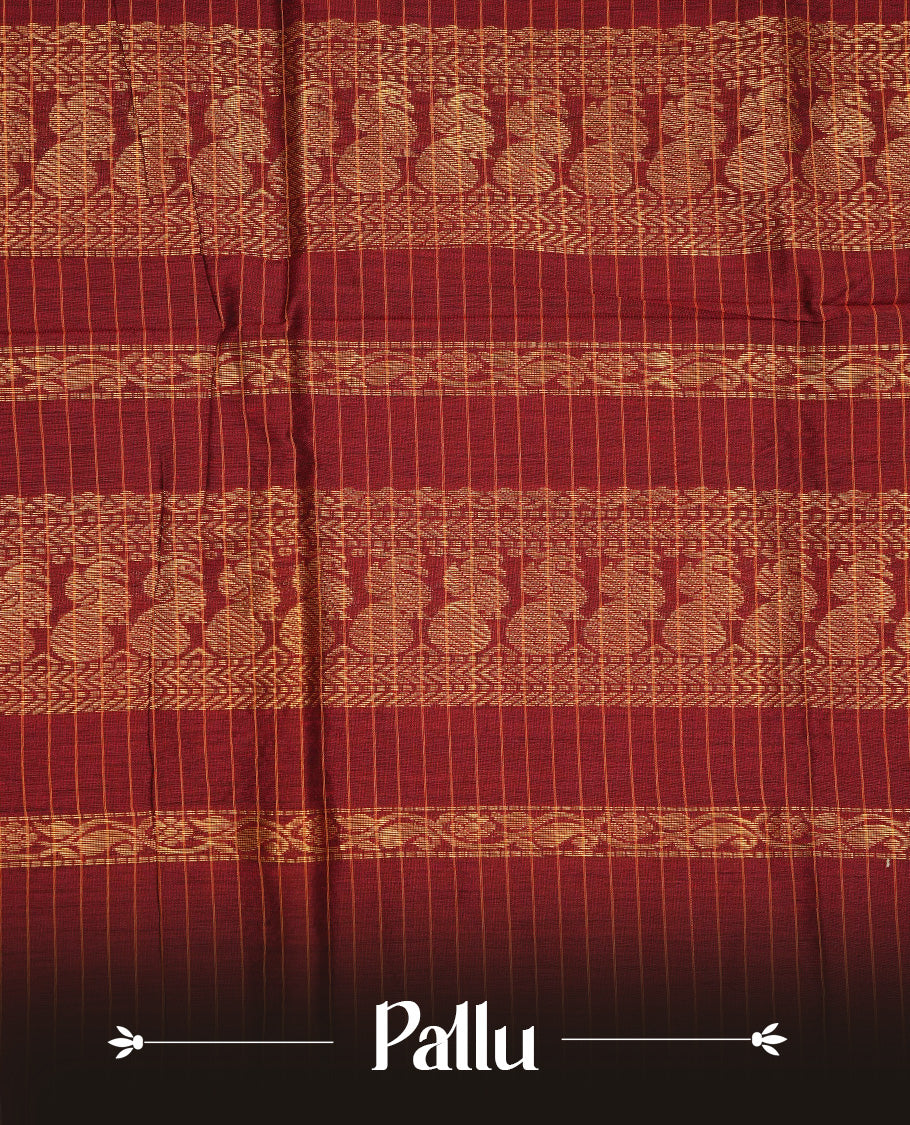 Orange colour Kalyani cotton saree featuring Gold zari check pattern on body, complemented by Contrast Dark Brown colour with grand gold zari border & pallu, matching blouse piece