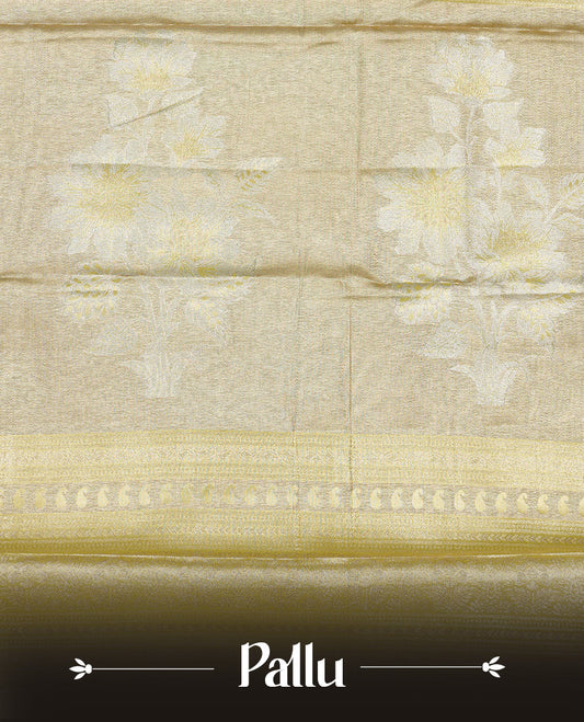 Yellow colour Tissue saree Featuring yellow, Gold, silver zari Scales design on body, complemented by traditional border on self colour, paired with matching blouse piece.