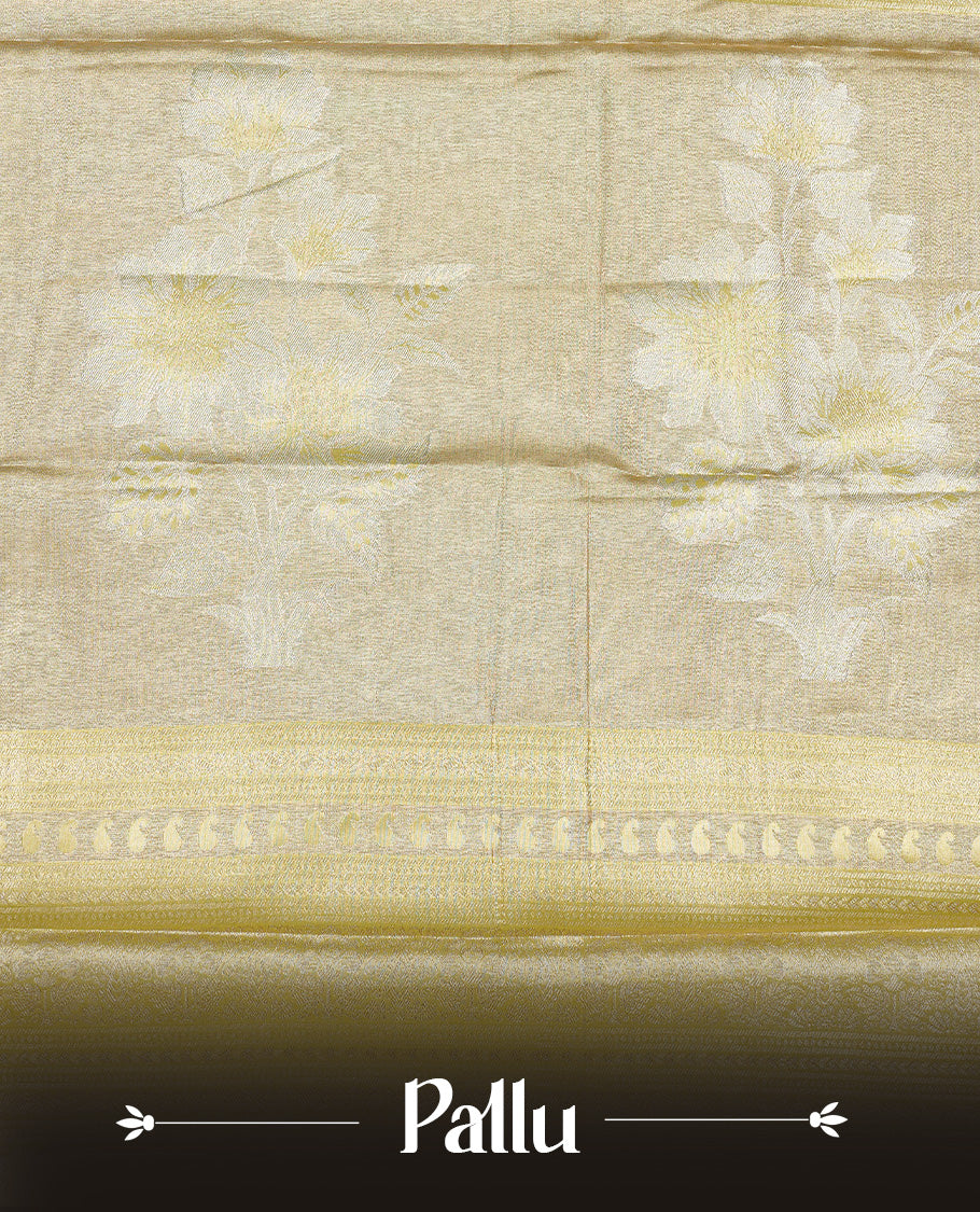 Yellow colour Tissue saree Featuring yellow, Gold, silver zari Scales design on body, complemented by traditional border on self colour, paired with matching blouse piece.