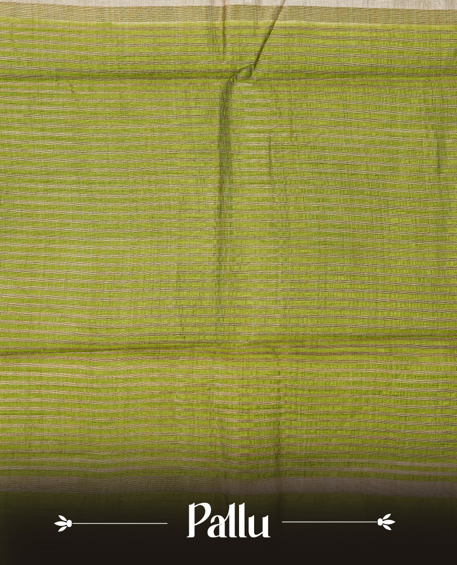 Light gold Colour Tussar saree featuring elegant plain body, complemented by contrast Light green colour with zari work border, comes with matching blouse piece.