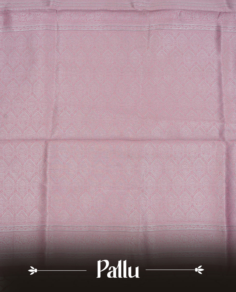 Grey colour semi silk saree featuring Silver zari Floral pattern on body, complemented by contrast Pink colour with silver zari border, comes with matching blouse piece.
