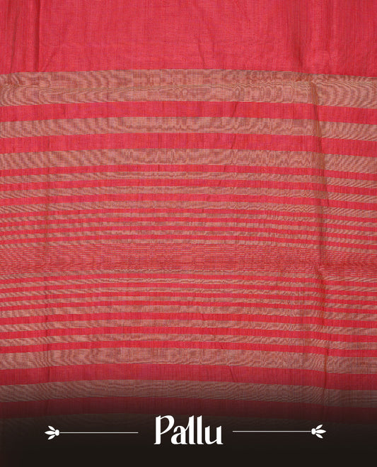 Red colour semi tussar silk saree featuring an elegant plain body with traditional gold zari detailed border for a refined look. Comes paired with a matching blouse piece.