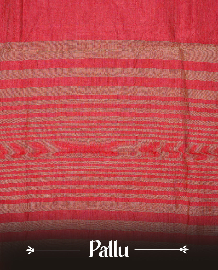 Red colour semi tussar silk saree featuring an elegant plain body with traditional gold zari detailed border for a refined look. Comes paired with a matching blouse piece.