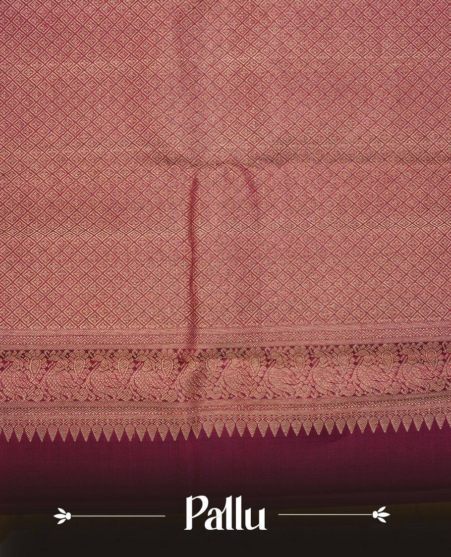 Mustard olive colour Traditional kancheepuram silk saree featuring Gold zari check on body, complemented by Contrast maroon colour with Gold Zari border, comes with matching blouse piece.